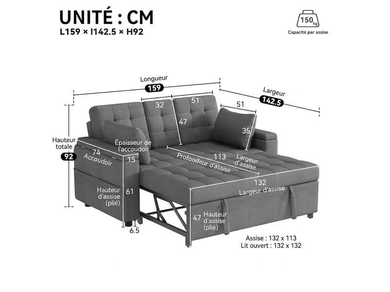 Canapé convertible 2 places avec rangement, dossier inclinable 3 positions, gris - Conforama E