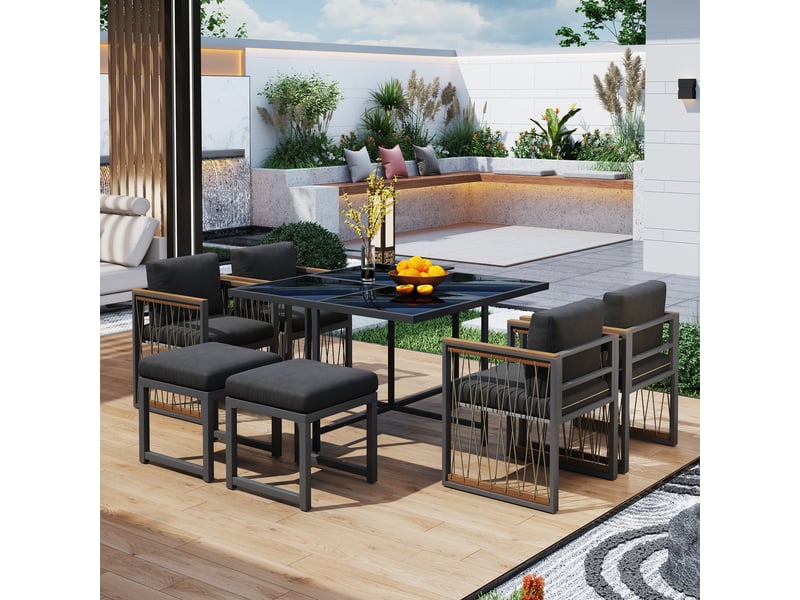 Ensemble repas de jardin 7 pièces pour 6 personnes, verre trempé, bois et plastique - Conforama B