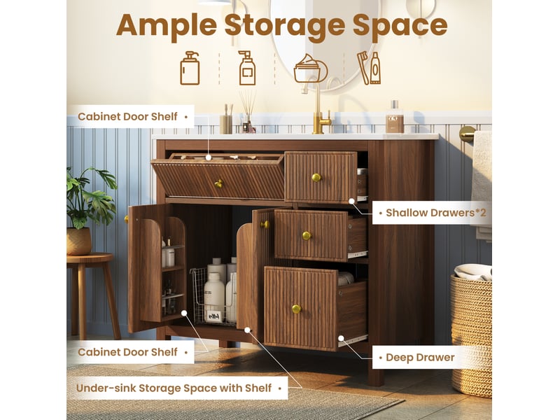  Meuble sous vasque 91x48x88 cm avec vasque céramique, 4 tiroirs, coloris noyer  - Conforama E