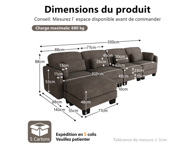  Canapé d’angle modulable 4 places avec ottomane 330x143x88 cm en chenille marron  - Conforama C