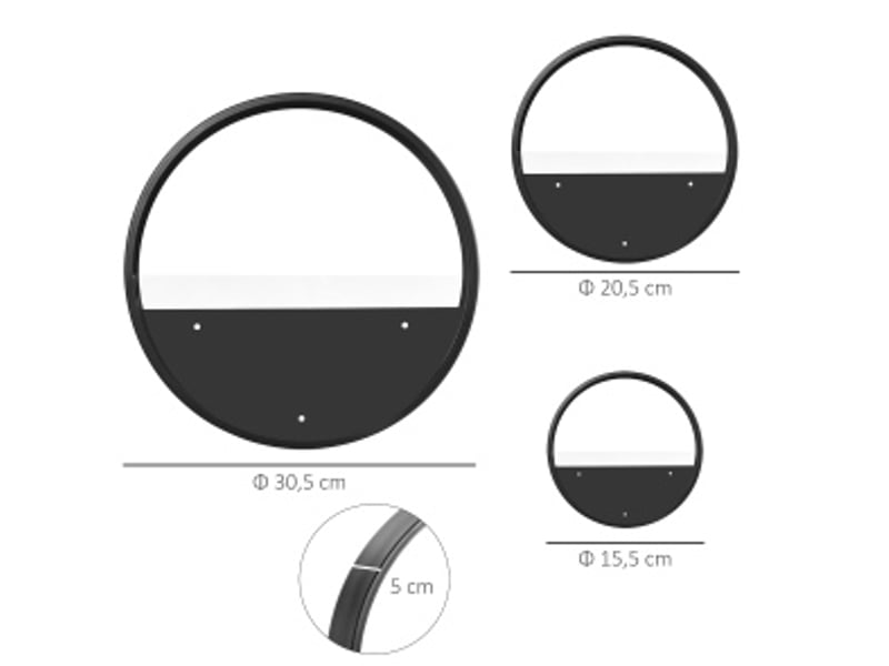  Lot de 3 cache-pots muraux en acier noir, diamètres 30,5, 20,5 et 15,5 cm, pour plantes et décoration  - Conforama C