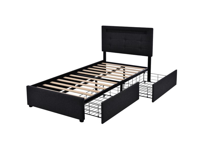  Lit simple moderne 90x200 cm avec led et 2 tiroirs, lin, noir, matelas inclus  - Conforama A