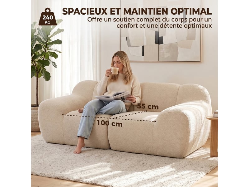  Canapé 2 places en chenille, canapé de salon 174cm, entièrement compressé, assise et accoudoirs larges rembourrés, beige  - Conforama R