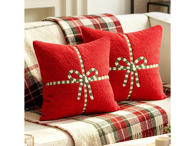 Lot de 2 housses de coussin noël 45 x 45 cm, blanc doux avec motif nœud cadeau, décoration canapé salon, rouge - Conforama E