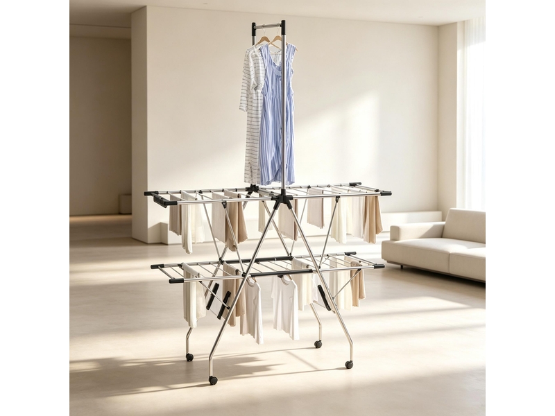  Porte-manteau - étendoir à linge pliable à roulettes, étendoir mobile, support de séchage polyvalent, tour à linge spacieux  - Conforama E