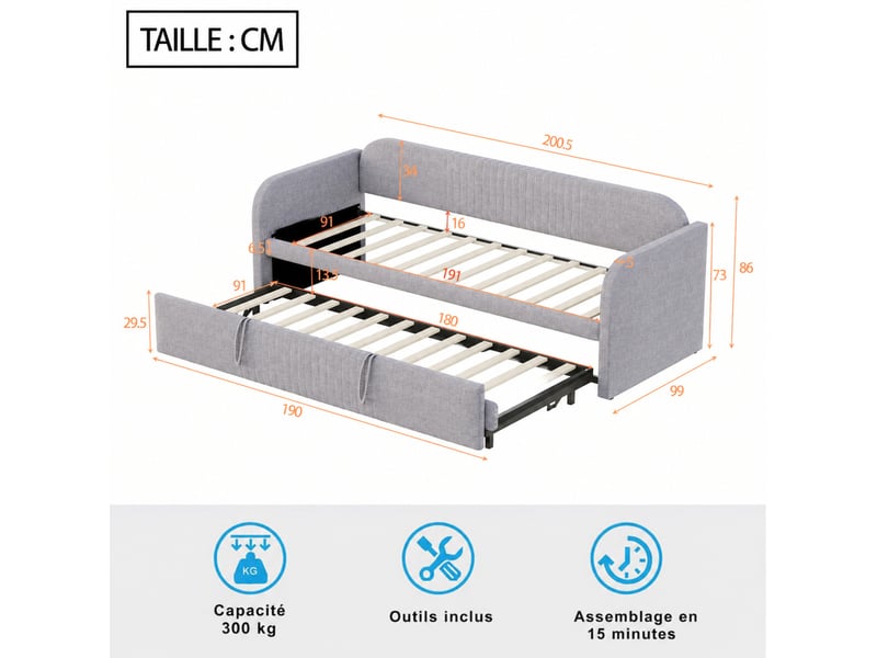  Lit banquette extensible en tissu gris clair, lit simple convertible, 90x190 cm et 180x190 cm, sans matelas  - Conforama D