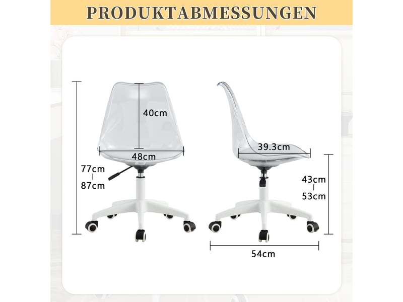  Chaise de bureau pivotante, dossier transparent, assise pu, hauteur réglable, roulettes  - Conforama C