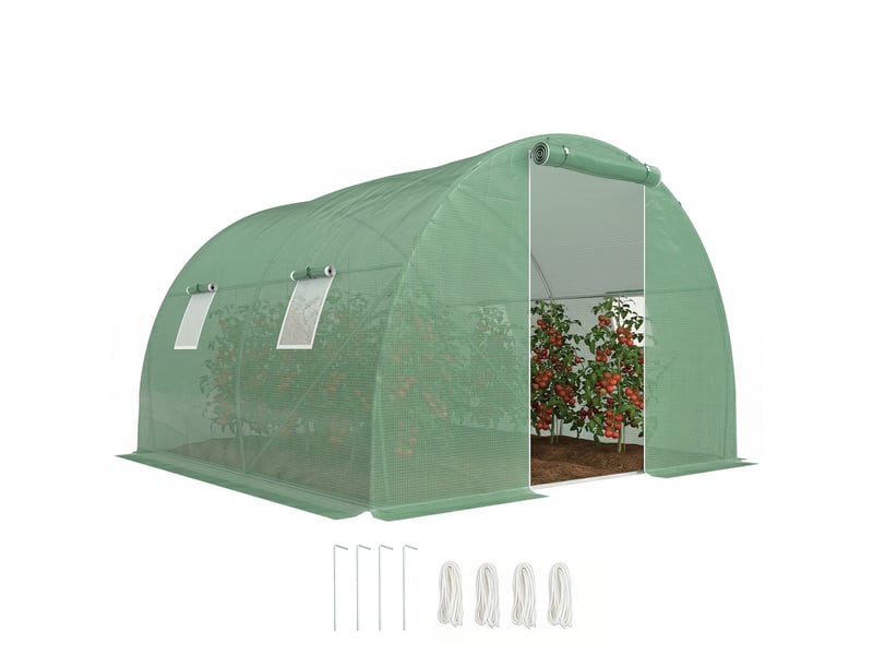 Serre de jardin tunnel 9 m² 4 fenêtres, porte zippée enroulable châssis acier galvanisé, bâche pe 3 x 3 x 2 m vert  - Conforama A
