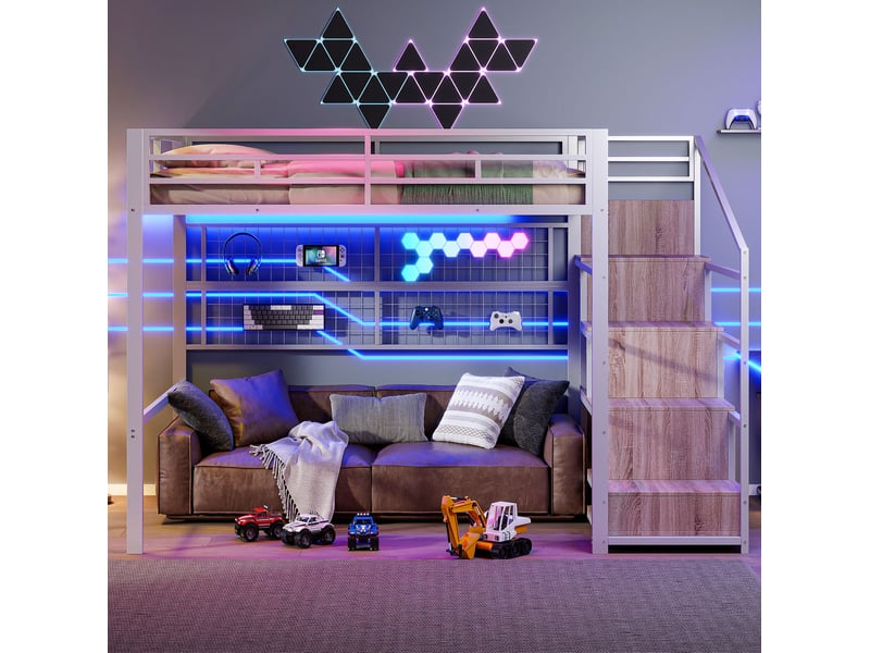 Lit mezzanine, 140 x 200 cm, armoire-échelle, espace ouvert dessous, led 7 couleurs, métal, blanc, sans matelas - Conforama B