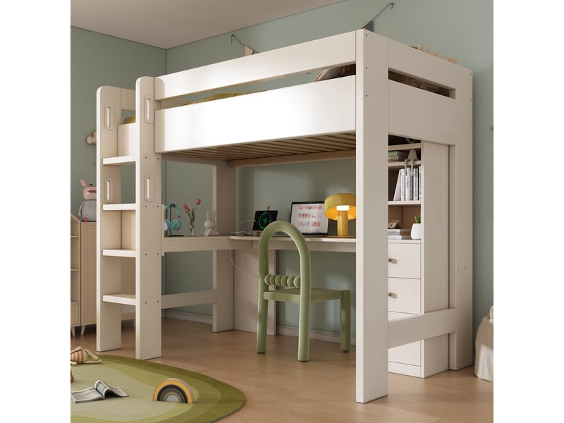  Lit mezzanine 90 × 200 cm 1 place avec bureau d'angle, 3 étagères, 3 tiroirs, usb et type-c, sans matelas, blanc  - Conforama C