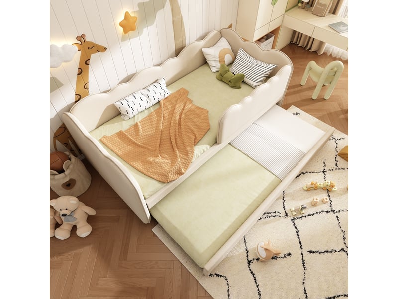 Lit gigogne 90x190 cm, lit enfant avec banquette et tiroir couchage intégré, sommier à lattes, rembourrage tissu lin, beige - Conforama B