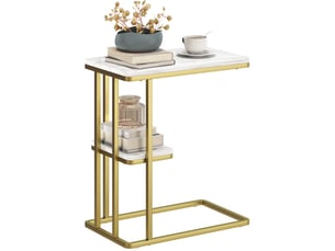 Table d'appoint en c 2 niveaux effet marbre blanc et acier doré 50 x 30 x 57,5 cm