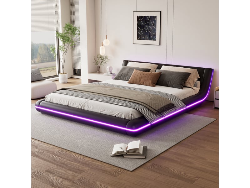  Lit plat au sol 160*200cm, éclairage led d'ambiance, design noir en pu, style moderne, chambre épurée  - Conforama C