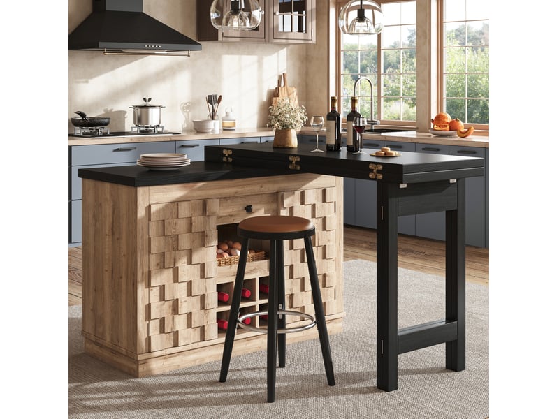  Îlot de cuisine pivotant 360° 120-197 cm avec rangement et porte-bouteilles amovible  - Conforama E