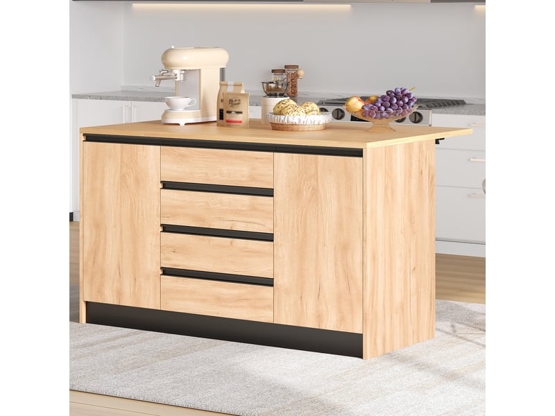  Îlot central de cuisine 140x80x90cm avec plan de travail rabattable, 4 tiroirs, 2 placards et rangements derrière les portes, façades brillantes, naturel evarich - Conforama E