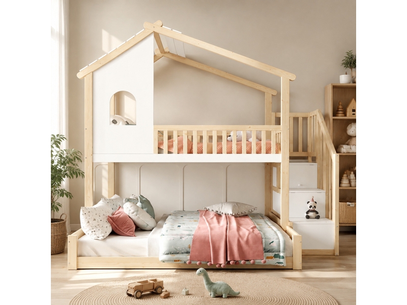  Lit superposé enfant 90x200 et 140x200 cm avec escalier de rangement, naturel et blanc  - Conforama B