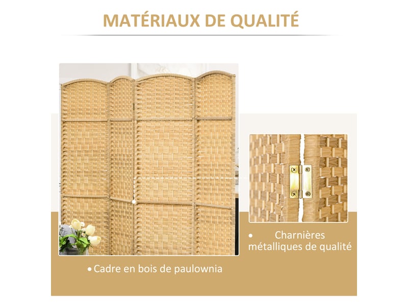  Paravent intérieur en bois 4 panneaux séparateur de pièce pliable pour salon chambre bois naturel 180 x 180 cm  - Conforama R
