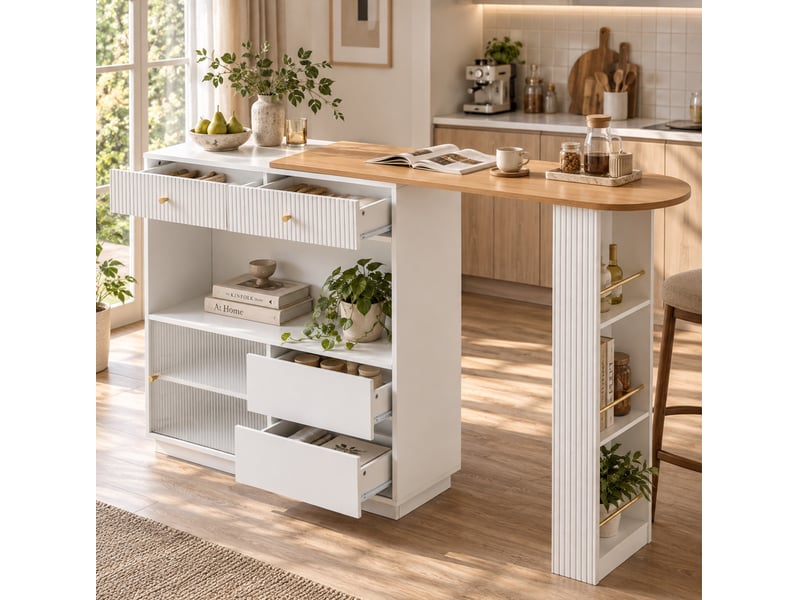 Desserte bar extensible 120x30x100 cm pivotante à 360° avec led blanc - Conforama E