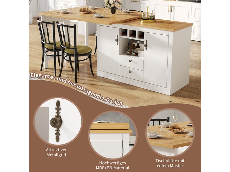  Meuble bar extensible 120-180 cm, rotatif 360° avec rangement et porte-bouteilles, mdf - blanc  - Conforama E