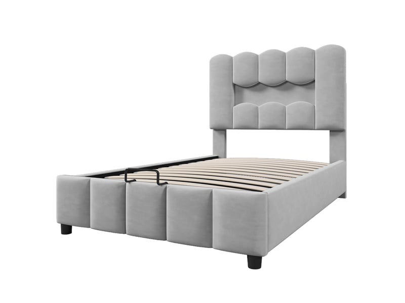 Lit rembourré gris 90x200 cm en velours avec led, rangement hydraulique, tête réglable - Conforama E