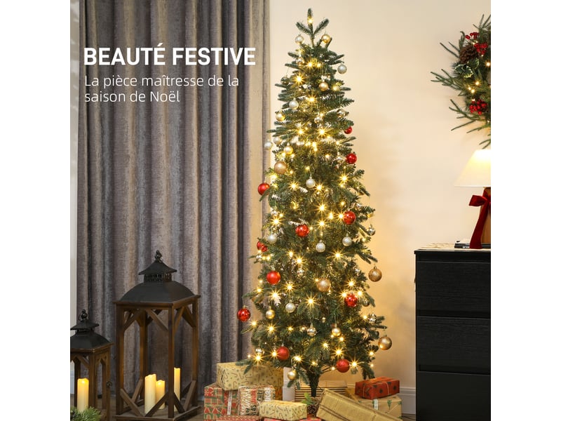 Sapin de noël artificiel 180 cm, arbre de noël slim avec 200 lumières 8 modes d'éclairage 605 branches articulées, vert  - Conforama D