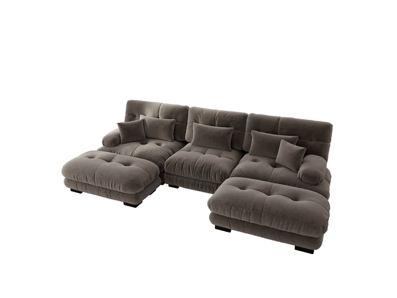  Canapé panoramique en u modulable avec assise profonde et ottoman, en chenille marron  - Conforama A