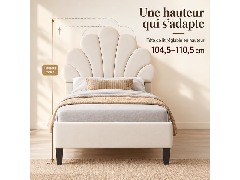 Lit enfant 90x200 cm en velours, lit simple rembourré avec sommier à lattes, tête de lit en forme de pétale réglable en hauteur, cadre de lit capitonné pour enfants et adolescents, beige - Conforama E