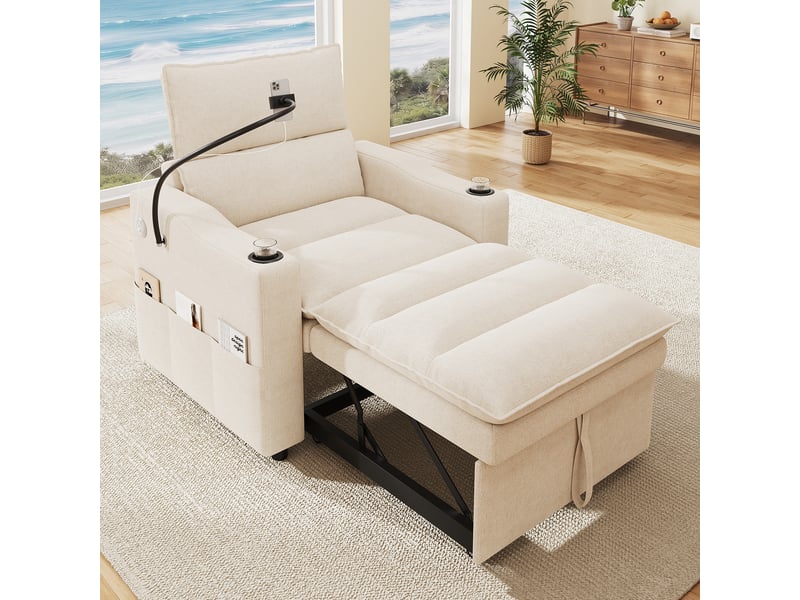 Fauteuil convertible 3-en-1 94x147x91 cm, chauffeuse et canapé-lit, fonction convertible, dossier réglable, ports usb et type-c, chenille beige OPULERANE TRADING LTD - Conforama B