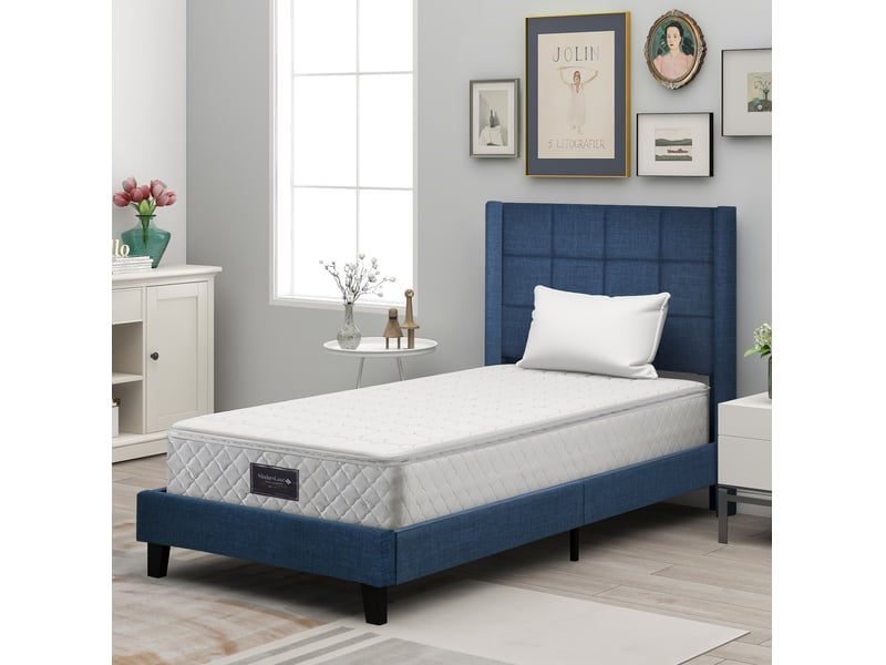  Modenvie lit 1 place capitonné 90x200 cm - tête de lit rembourrée, sommier et matelas inclus - bleu  - Conforama D