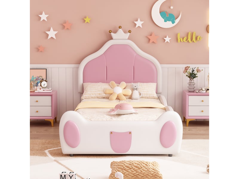  Lit rembourré enfant tcqpz 90 x 200 cm tête de lit couronne similicuir blanc rose  - Conforama D