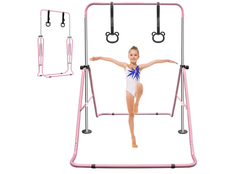 Barre de gymnastique enfant réglable 99,06 x 144,78 x 129,54 cm – rose – pliable, anneaux inclus - Conforama A