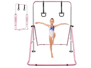 Barre de gymnastique enfant réglable 99,06 x 144,78 x 129,54 cm – rose – pliable, anneaux inclus