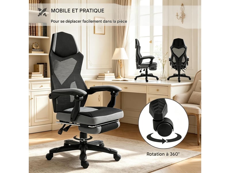  Fauteuil de bureau gaming ergonomique avec repose-pieds noir et gris 58 x 63 x 122 cm T5828P540931 - Conforama E