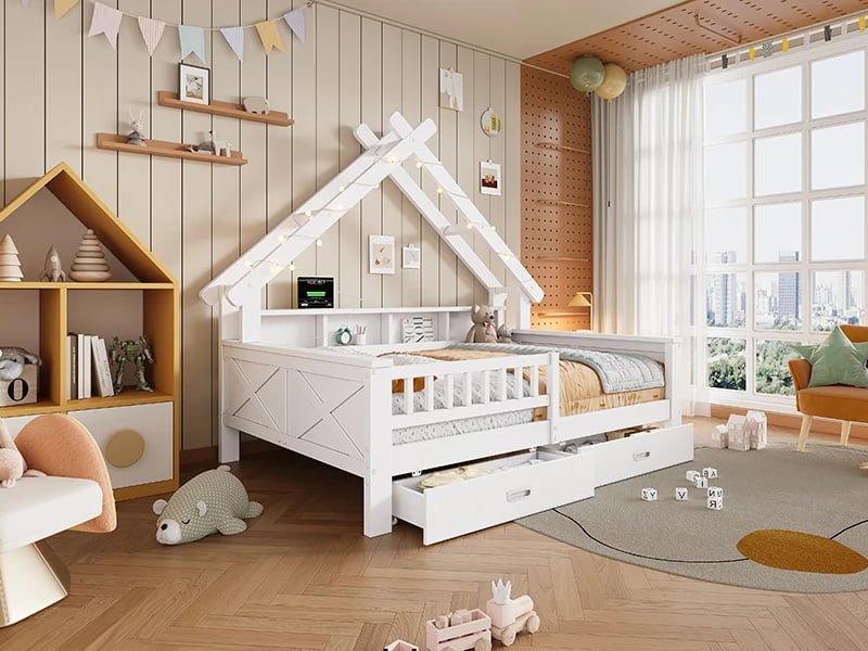  Lit cabane,140 x 200 cm,avec éclairage led, compartiments de rangement, tiroirs,blanc  - Conforama B