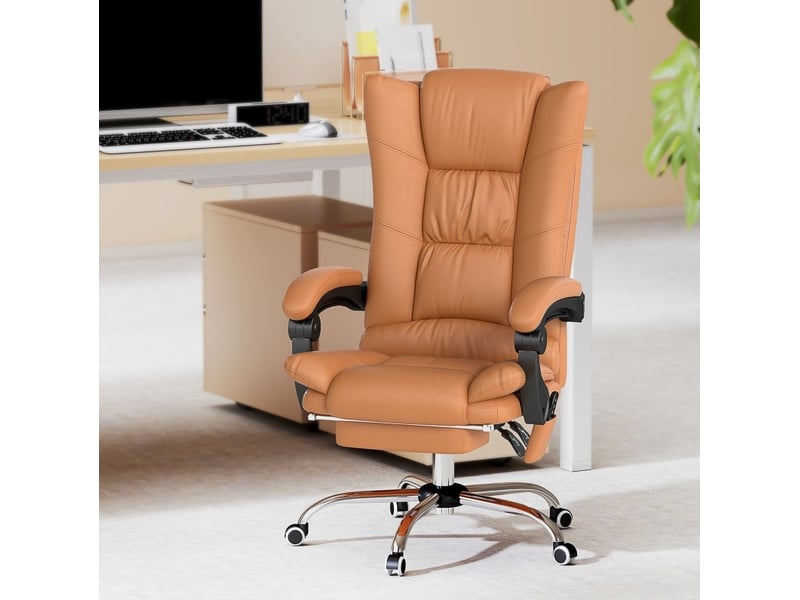 Chaise de bureau massante avec chauffage, dossier inclinable, repose-pieds et hauteur réglable en similicuir marron  - Conforama B