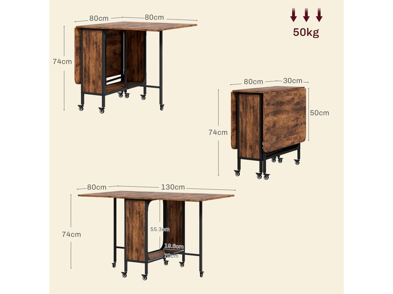  Table pliante à 6 roulettes avec étagère de style industriel en bois et métal, marron rustique  - Conforama E