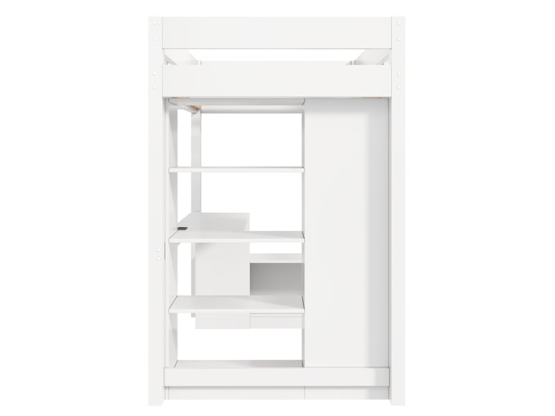  Lit mezzanine blanc 90x200 cm en pin et mdf, bureau sous le couchage, armoire, étagères, led et connexion usb intégrée  - Conforama E