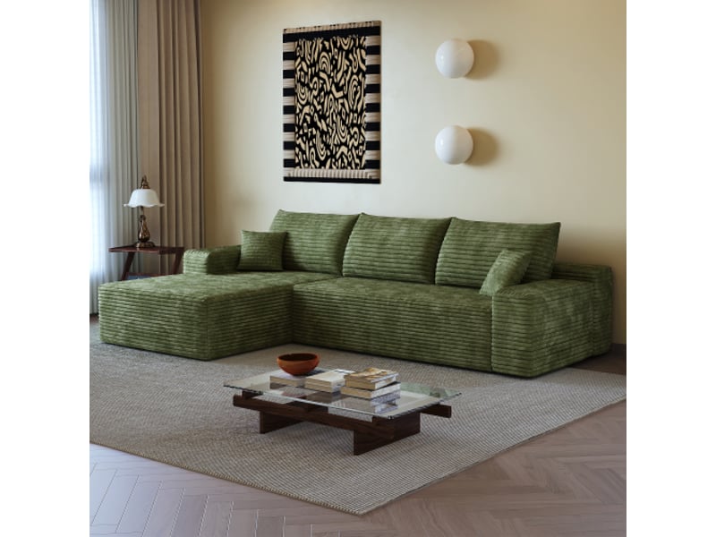  Canapé d’angle modulaire 270 cm sans montage – en l, chaise longue, assise profonde, vert  - Conforama D