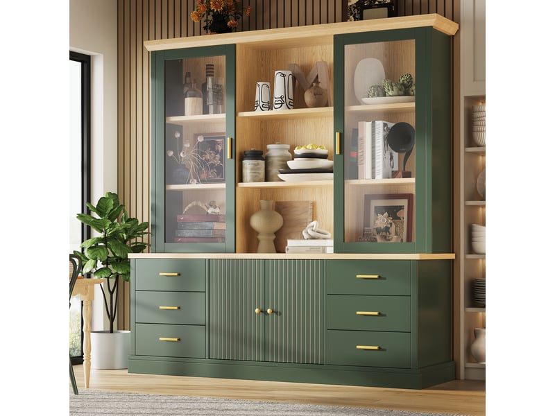  Buffet haut 140x40x185cm avec 6 grands tiroirs, portes vitrées et dispositif anti-basculement, meuble de rangement pour cuisine et salle à manger, vert evarich - Conforama B