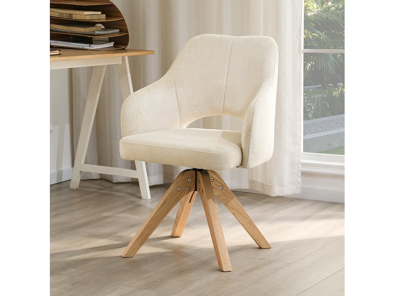  Lot de 2 chaises de salle à manger pivotantes 45x48x85 cm, dossier galbé, revêtement tissu texturé, structure bois, finition blanc  - Conforama E