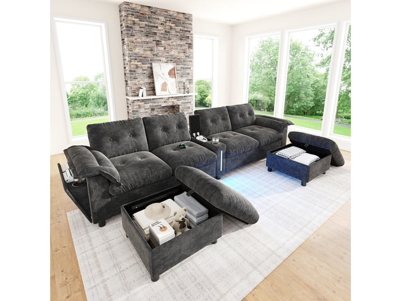  Canapé d'angle modulable,6 places, avec porte-gobelets, usbtype-c et led,312 x 142 x 82cm,gris  - Conforama D