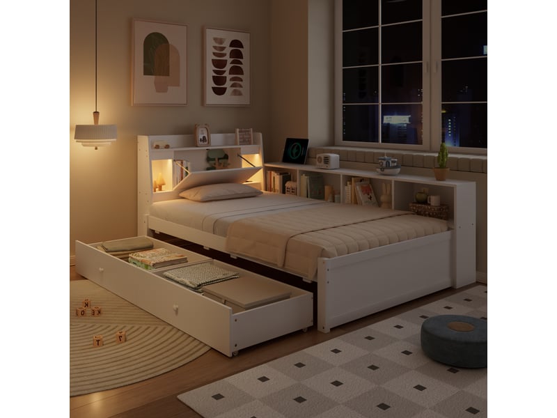  Lit simple, tête de lit avec compartiment de rangement 2 lampes, avec port de charge, armoire latérale et tiroirs, blanc, 90x200 cm Home Enjoy DE - Conforama E