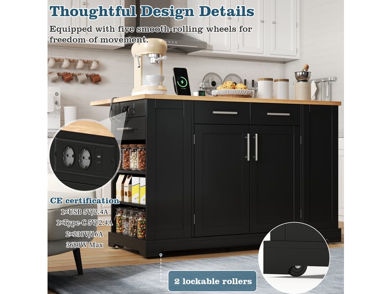  Îlot de cuisine 138x86x92 cm plateau rabattable mdf noir et naturel  - Conforama D