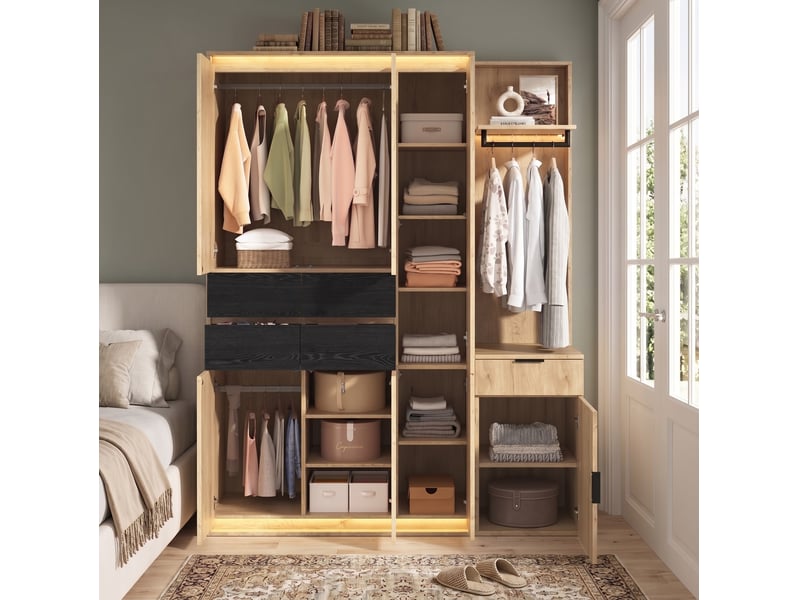  Ensemble dressing 155x47x200 cm avec miroir, led et 5 tiroirs décor chêne  - Conforama D
