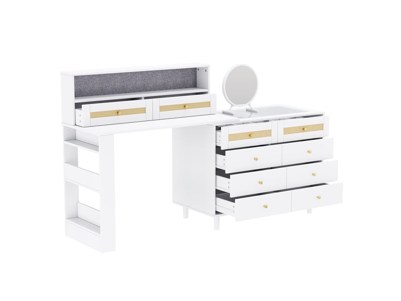  Coiffeuse 3 en 1 avec miroir 105x50x107,5 cm-10 tiroirs-armoire à bijoux-plateau en verre trempé-décor rotin-blanc  - Conforama A