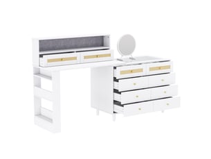Coiffeuse 3 en 1 avec miroir 105x50x107,5 cm-10 tiroirs-armoire à bijoux-plateau en verre trempé-décor rotin-blanc