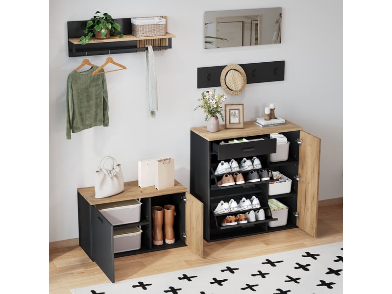  Meuble d'entrée complet, ensemble de vestiaire d'entrée 5 pièces avec meuble à chaussures banquette miroir étagère et patères, naturel  - Conforama W