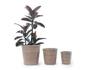 Pot de fleurs en céramique ø 24 cm – taupe – glaçure brillante à rainures horizontales, avec drainage