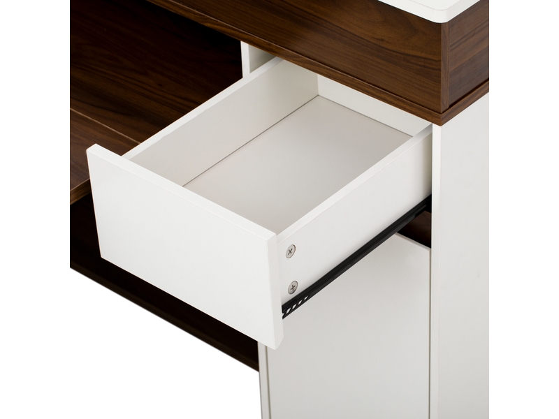  Îlot de cuisine mobile 110,5 cm avec table extensible, prises intégrées, tiroir et verre cannelé, blanc et noyer Jamama eleni - Conforama W