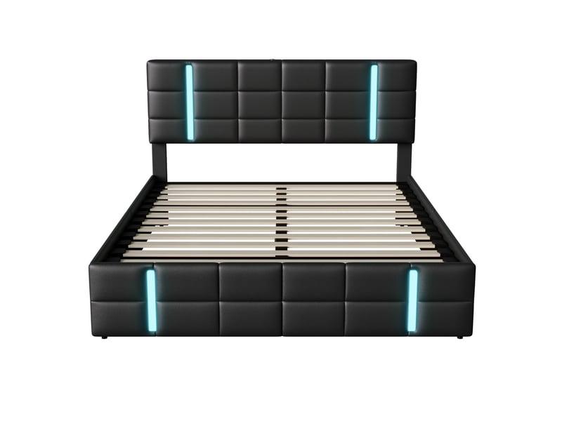  Lit coffre 2 places 160x200 cm, lit adulte avec rangement, tête de lit, 2 ports usb, led, design simple, pu noir  - Conforama W
